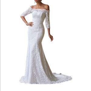 Woman’s Mermaid Wedding Dress Off The Shoulder 3/4 Sleeves Lace Size 22W NWT